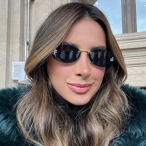 Lunettes De Soleil Ovales Sans Monture Cadre Métallique UV400 Verre Dégradé PC Strass Lettre F Décor Mode Rétro Unisexe