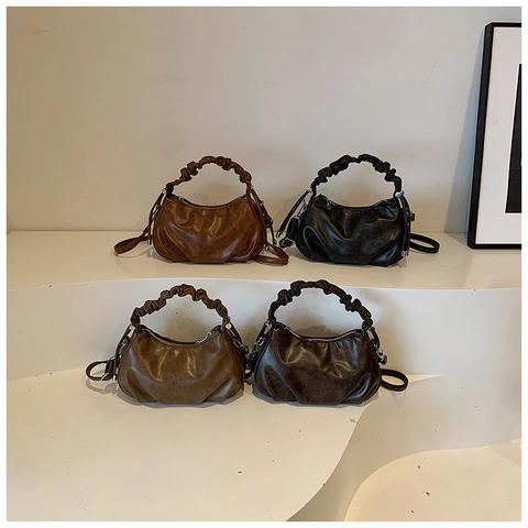Bolso Medialuna Vintage para Mujer con Asa Fruncida de Cuero de PU Bolso de Bandolera Color Sólido para Diario
