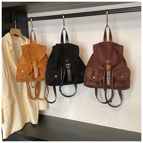 Vintage Wildleder Rucksack Für Damen Große Kapazität Retro Pendler College Stil Lässiger Daypack Mit Taschen Vorne