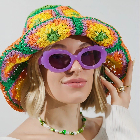 Damen Mode Sonnenbrille Wellenrand Blumenrahmen PC Rahmen UV400 Schutz Vintage Ins Stil