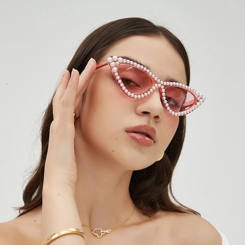 Cat Eye Sonnenbrille Künstliche Perlenbesetzt PC Rahmen AC Linse UV400 Schutz Retro Luxus Mode Brillen Für Frauen Party
