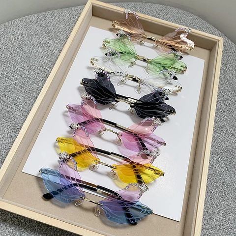 Occhiali Da Sole Ali Libellula Farfalla Senza Montatura Metallo Strass Künstliche Perle Festa Moda Donna
