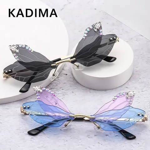 Occhiali Da Sole Ali Libellula Farfalla Senza Montatura Metallo Strass Künstliche Perle Festa Moda Donna