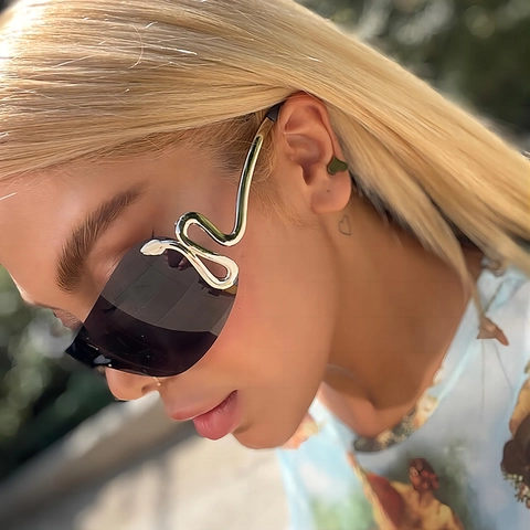 Rimless Shield Sunglasses With Metal Serpent Temples UV400 Protection Trendy Y2K Fashion Punk Eyewear Women Men