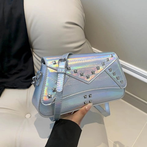 Bolso Bandolera De Cuero PU Metálico Con Tachuelas Estrella Cuadrado Remache Bolso Hombro Estilo Biker Y2K Mujer