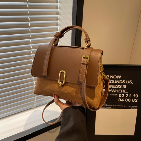 Vintage Women Shoulder Bag PU Leather Suede Patchwork Retro Crossbody Handbag With Gold Buckle Top Handle Commuter Style