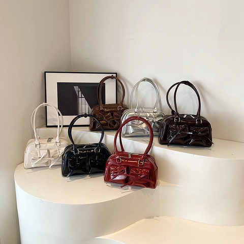 Borsa a Tracolla Donna in Pelle PU Lucida Retro Balletcore con Fiocco Boston Bag Grande Capacità Borsa da Sottobraccio Giornaliera