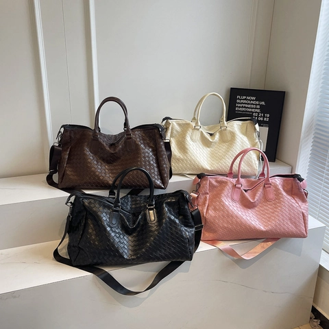 Fashion Woven PU Leather Travel Bag For Women Large Capacity Luggage Duffel Bag For Gym Short Trips Handbag With Shoulder Strap