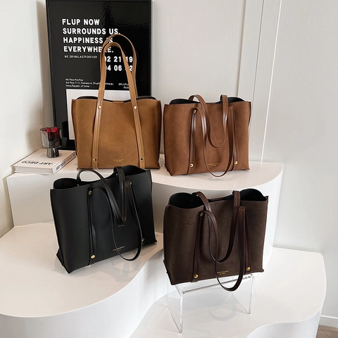 Vintage Große Tote Bag Matte Wildleder PU Leder Elegant Büro Pendeln Schulter Handtasche Für Damen Goldene Nieten