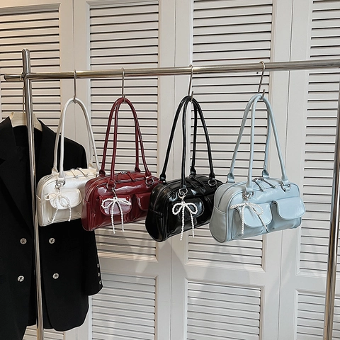 Glossy PU Leather Underarm Handbag For Women With Artificial Pearl Bow Pendant Two Front Pockets Large Capacity Commuter Bag