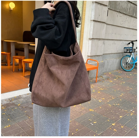Minimalist Large Capacity Woolen Tote Bag Retro Solid Color Shoulder Bag For Women Daily Work Shopping Handbag
