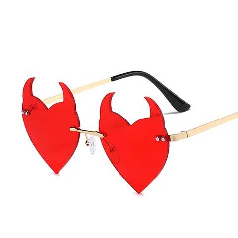 Lunettes De Soleil En Forme De Coeur Corne De Diable Métal Sans Bord Verres Teintés Irréguliers Pour Fête Cosplay