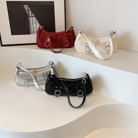 Borsa Sottobraccio Donna Pelle PU Lucida Tasche Con Fibbia Stile Motociclista Retrò Y2K Borsa A Tracolla