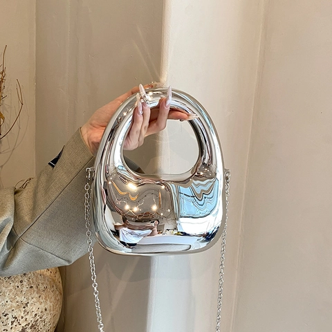 Bolso de Noche de Espejo de Acrílico para Mujer Minimalista Ovalado Con Asa Hueca Cartera de Mano Con Cadena Fiesta Banquete