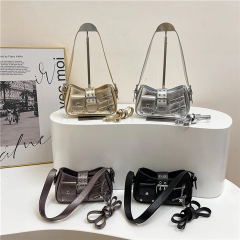 Borsa A Spalla Sottoascella In Pelle Pu Metallica Punk Y2k Con Borchie A Stella Cerniera Decorazione Fibbia Streetwear Per Donna