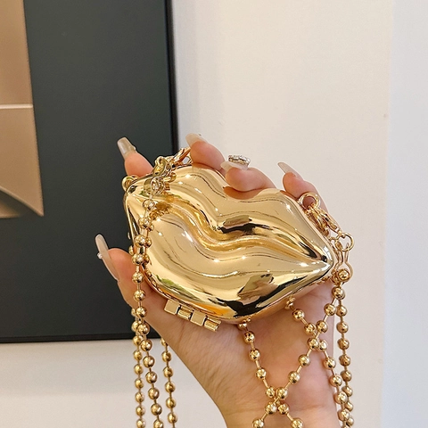 Lip Shaped Metall Abendtasche Clutch Mini Umhängetasche Mit Künstliche Perlen Und Künstliche Perlenkette Für Frauen Mode Party Spiegelglanz