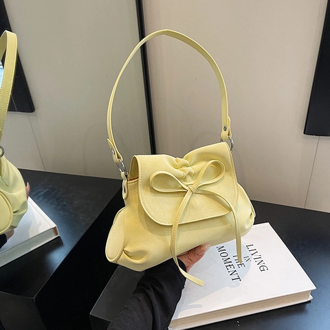 Women's Elegant PU Leather Shoulder Bag With Sweet Bow Decoration Pleated Large Capacity Underarm Bag Fashion Crossbody Bag