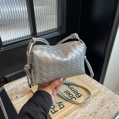 Woven PU Leather Crossbody Bag Small Square Camera Bag With Knotted Shoulder Strap Minimalist Casual Handbag For Women