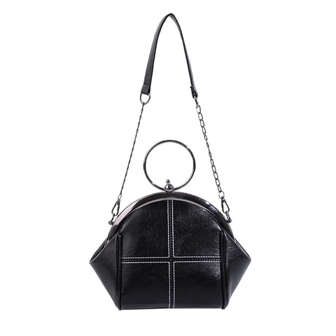 Women Vintage Shell Crossbody Bag PU Leather Metal Ring Handle Kiss Lock Solid Color Chain Shoulder Handbag