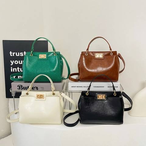 Vintage PU Leather Crossbody Bag Women Small Square Handbag With Gold Turn Lock Adjustable Strap Single Handle