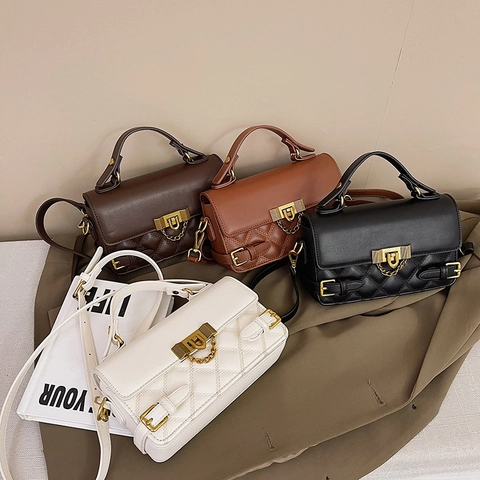 Quilted Lattice Small Square Bag PU Leather Crossbody Shoulder Handbag Vintage Gold Lock Chain Decorative For Women Elegant