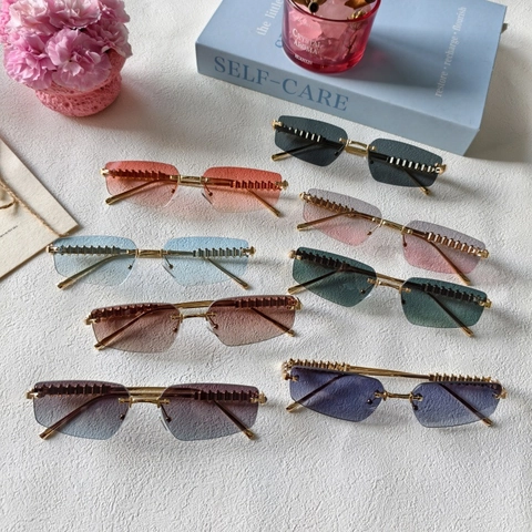 Rimless Sunglasses Metal Rivet Gradient Lens UV400 Fashion Eyewear Chic Square Frame Women Men