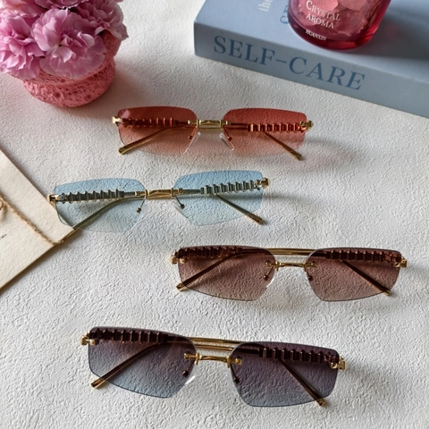Rimless Sunglasses Metal Rivet Gradient Lens UV400 Fashion Eyewear Chic Square Frame Women Men
