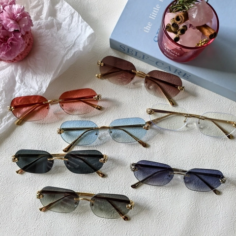 Rimless Sunglasses Metal Geometric Frame Leopard Head Decor UV400 Gradient PC Lens Fashion Eyewear For Men Women