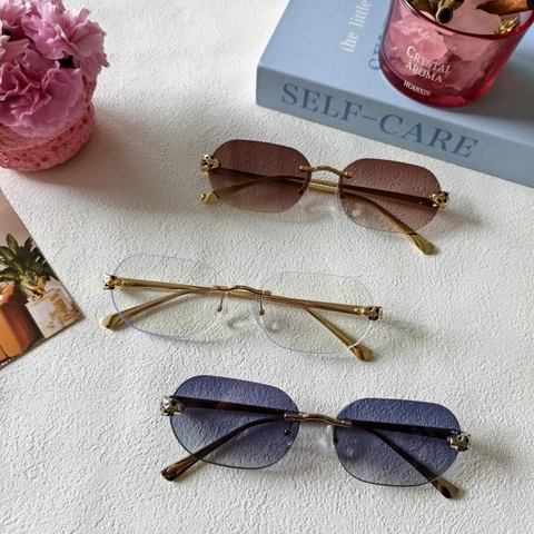 Rimless Sunglasses Metal Geometric Frame Leopard Head Decor UV400 Gradient PC Lens Fashion Eyewear For Men Women