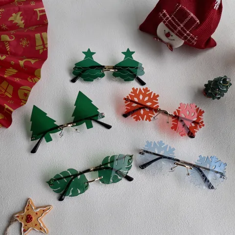 Novelty Party Sunglasses Rimless Resin Lens Metal Bridge Festive Christmas Tree Snowflake Leaf Shapes For Men Women