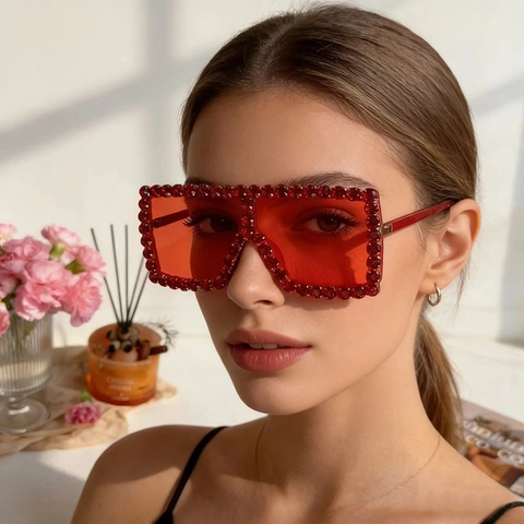 Oversized Vierkante Dames Zonnebril Met Steentjes UV400 Bescherming Polycarbonaat Frame Harslens Party Accessoire