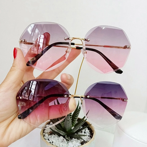 Lunettes De Soleil Polygon Sans Monture Pour Femmes Branches En Métal Verres Dégradés Protection UV400 Mode