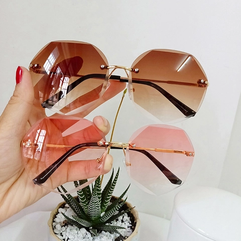 Lunettes De Soleil Polygon Sans Monture Pour Femmes Branches En Métal Verres Dégradés Protection UV400 Mode
