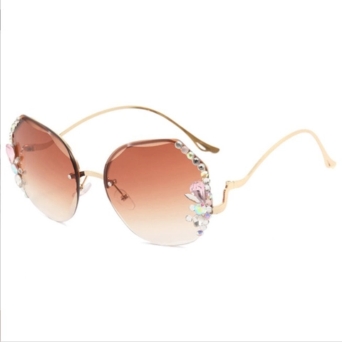 Randloze Zonnebril Dames Oversized Gradiënt Metalen Frame Luxe Strass Kristal UV400 Mode Eyewear