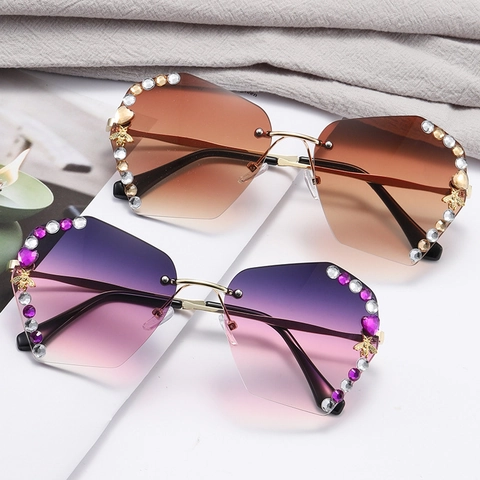 Occhiali Da Sole Senza Montura Oversize Da Donna Strass Decorazione Ape Montatura In Metallo Protezione UV400 Alla Moda