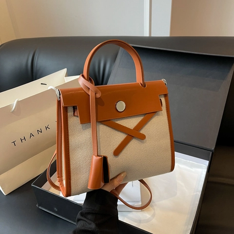Borsa A Tracolla Vintage In Tela Patchwork Pelle PU Colore A Contrasto Borsa A Mano Grande Capacità Donna Moda