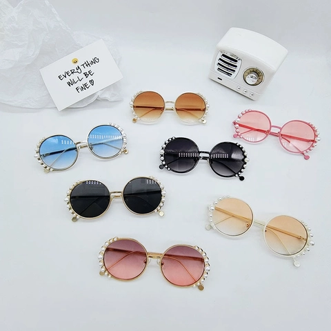 Kinder Runde Sonnenbrille UV400 Metallrahmen Faux Künstliche Perlen Dekor Süße Retro Trendy Brillen Für Jungen Mädchen
