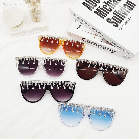 Gafas De Sol Cuadradas Oversized Mujeres Hombres Montura PC Diamantes De Imitación Borla Flecos Lentes Degradadas UV400 Punk