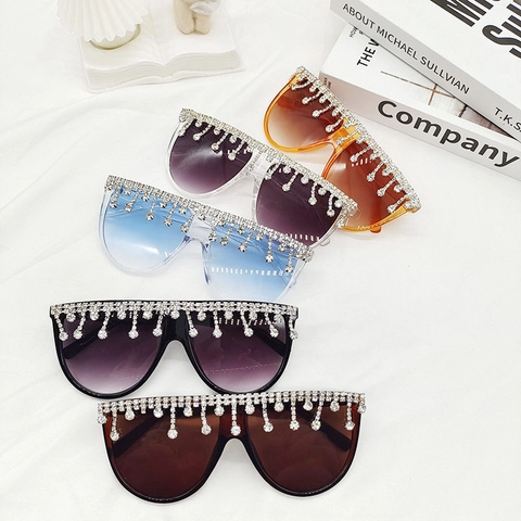 Gafas De Sol Cuadradas Oversized Mujeres Hombres Montura PC Diamantes De Imitación Borla Flecos Lentes Degradadas UV400 Punk