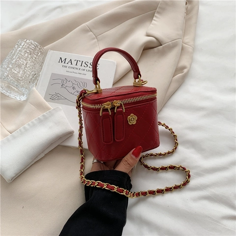 Damen Gesteppt Rauten Mini Box Tasche Elegant PU Leder Kette Schulter Crossbody Tasche Blumendekoration Kosmetikkoffer