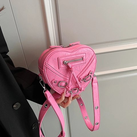 Heart Shaped Motorcycle Crossbody Bag For Women PU Leather Rivet Studded Y2K Punk Style Shoulder Bag With Adjustable Strap