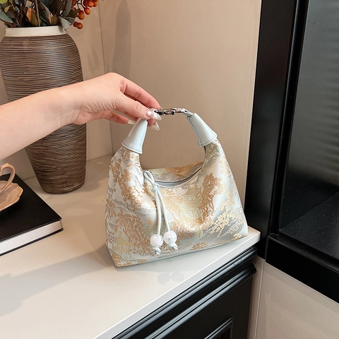 Bolso Hobo De Axila Para Mujer Estilo Chino Brocado Bordado Paisaje Decoración De Perlas Oriental Retro Elegante