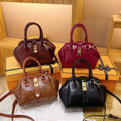 Französische Vintage Krokodilmuster PU Leder Handtasche Für Damen Elegante Schulter Umhängetasche Mit Griff Metall Verschluss