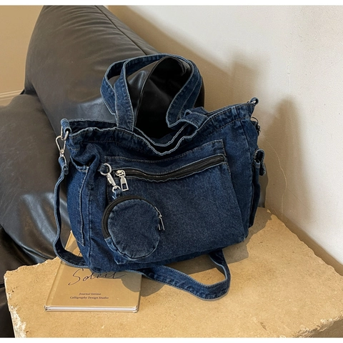 Borsa Tote in Denim Lavato da Donna Grande Capacità Multi Tasca Borsa a Spalla Jean Con Portamonete Rimovibile Casual Urban
