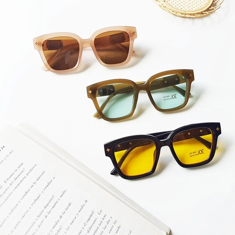 Kids Sunglasses Square Macaron Frame UV400 Protection Star Metal Decor Vintage Shade For Toddler Boys Girls