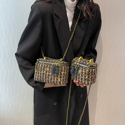 Borsa a Tracolla in Tweed da Donna Vintage Elegante Vanity Con Accessori a Fiore Dorato Piccola Borsa Quadrata per Festa Quotidiana