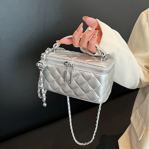 Stepptasche Damen Umhängetasche PU Leder Kosmetikkoffer Handtasche Mit Kette Metallisch Rautenmuster Quadratisch Box Tasche