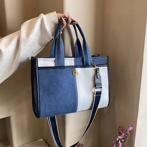 Borsa Tote In Denim Patchwork Da Donna Borsa A Mano Grande Capacità Con Chiusura A Girello E Tracolla Larga A Contrasto Casual
