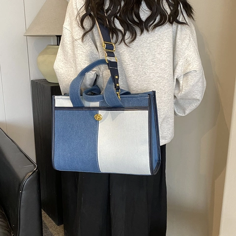 Borsa Tote In Denim Patchwork Da Donna Borsa A Mano Grande Capacità Con Chiusura A Girello E Tracolla Larga A Contrasto Casual