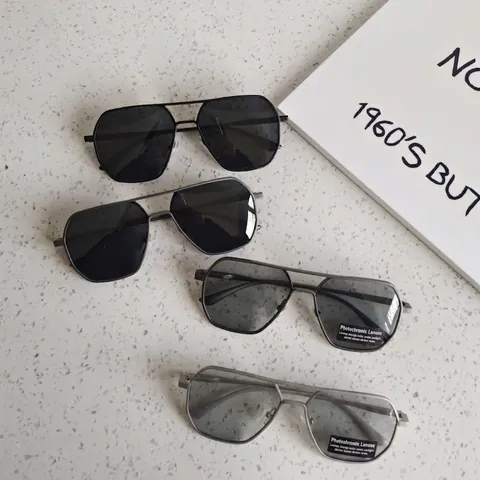Gafas De Sol Fotocromáticas Hombres Montura Metálica Retro Poligonal Doble Puente Lentes De Color Protección UV